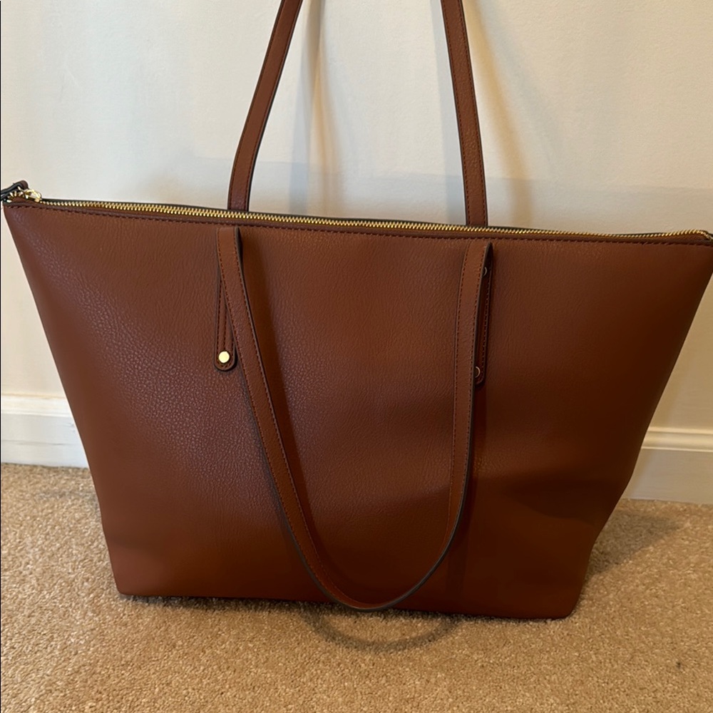 INC Elegant Brown Leather Tote Bag with crossbody